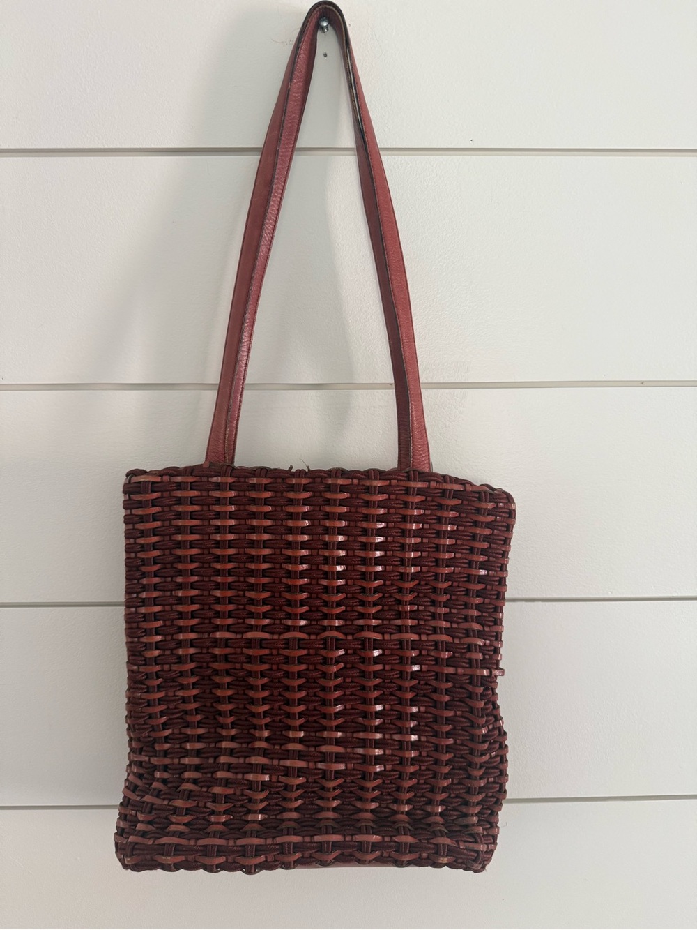 Woven Leather Tote Bag Dark Cognac Brown Shoulder Bag Vintage Americana Sharif